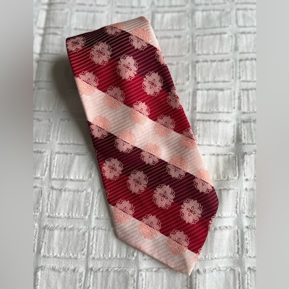 VTG Tiffany Collection Tie Red & Pink Floral Stripe Wedding Garden Party Formal - Picture 4 of 9